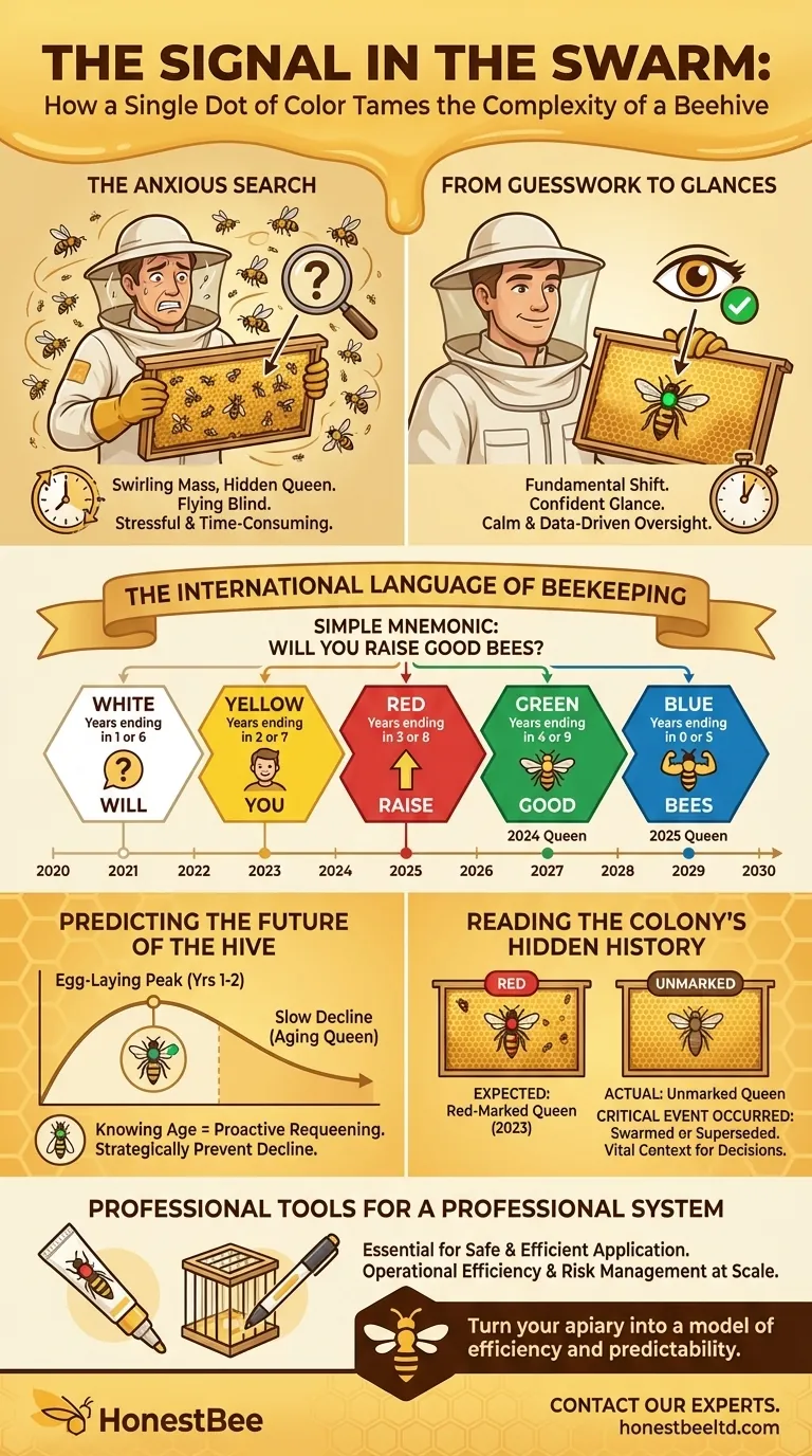 The Signal in the Swarm: How a Single Dot of Color Tames the Complexity of a Beehive Visual Guide