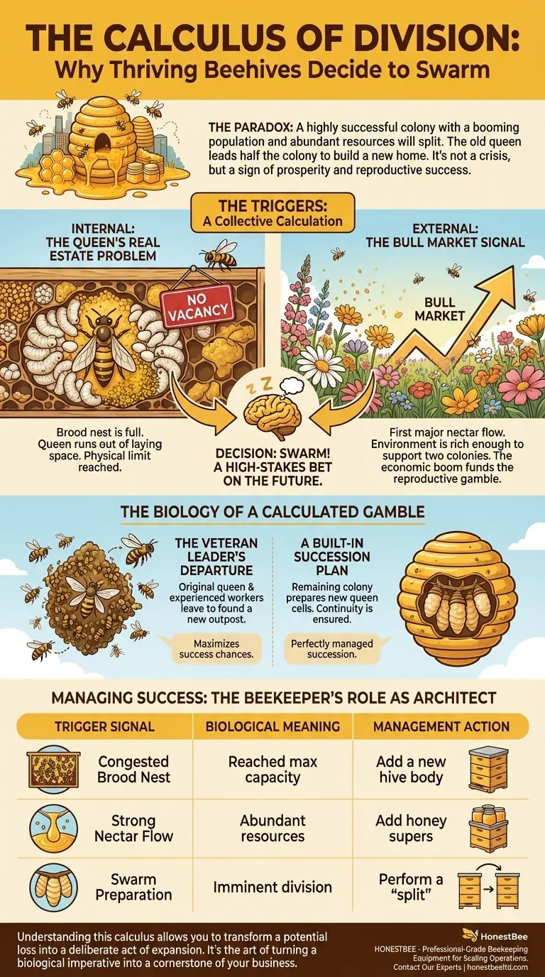 The Calculus of Division: Why Thriving Beehives Decide to Swarm Visual Guide