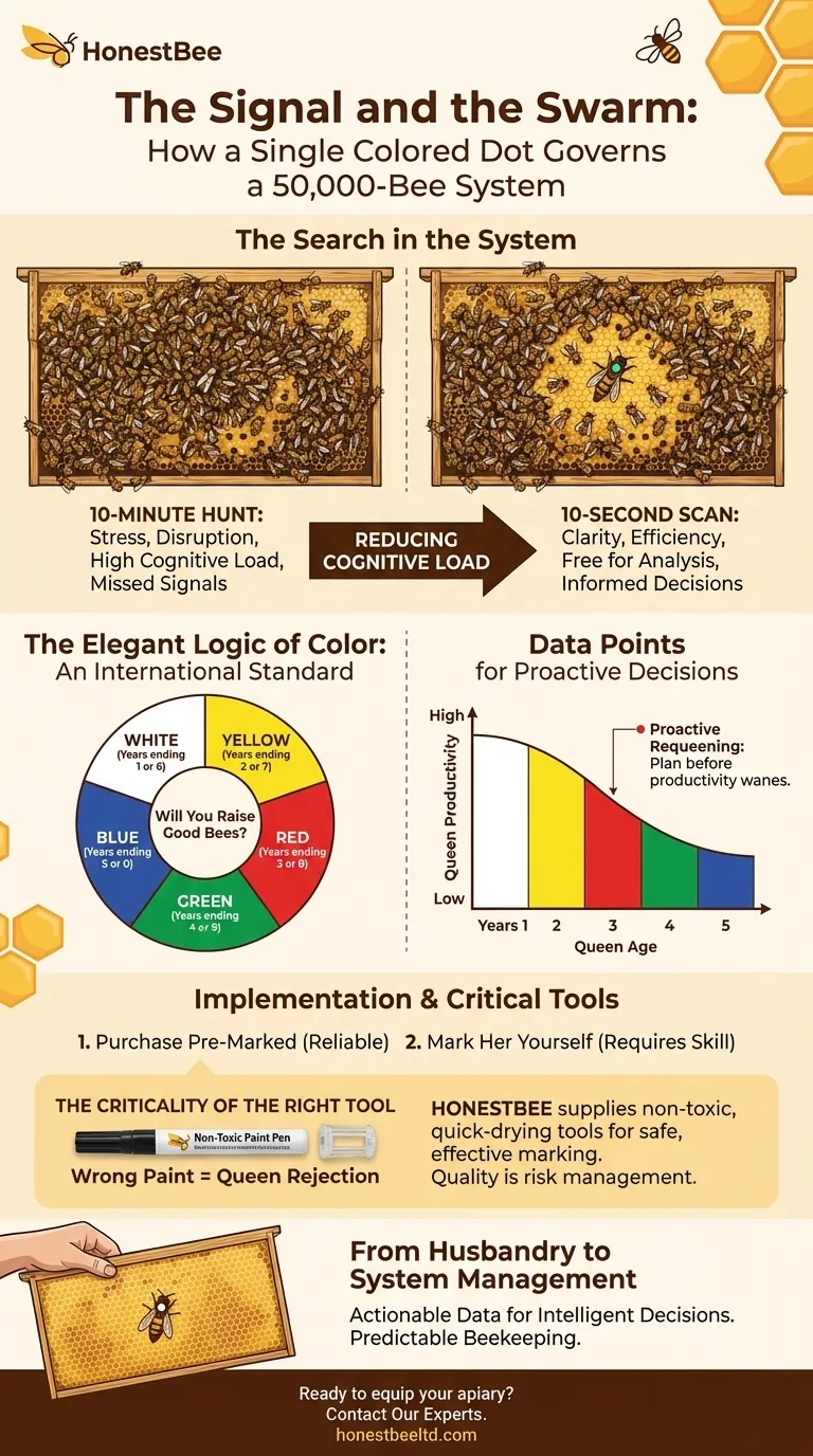 The Signal and the Swarm: How a Single Colored Dot Governs a 50,000-Bee System Visual Guide
