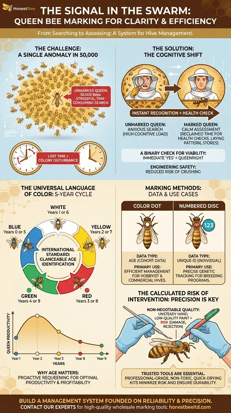 The Signal in the Swarm: Queen Bee Marking as a System for Clarity Visual Guide