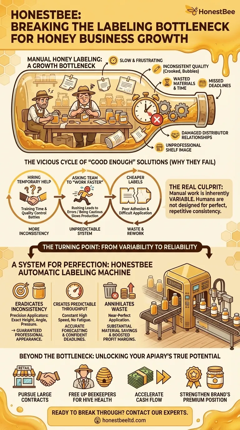 Perché l'etichettatura manuale del miele è un collo di bottiglia per la crescita e come superarlo Guida Visiva