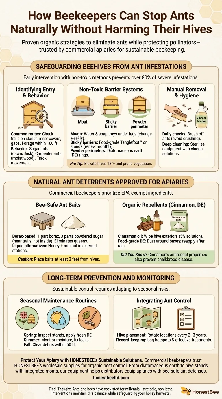 양봉가가 벌통을 해치지 않고 자연적으로 개미를 막는 방법 시각적 가이드
