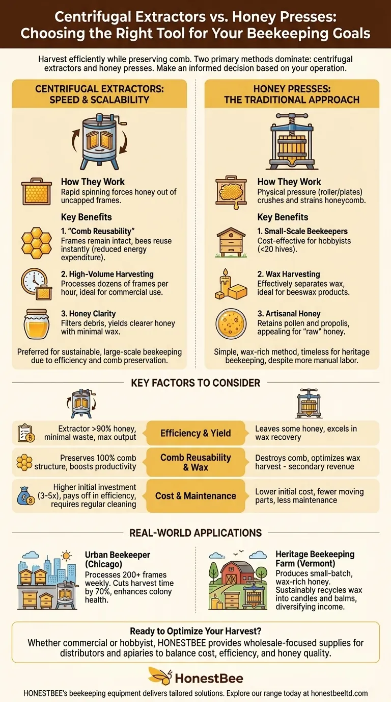 Extractores Centrífugos vs. Prensas de Mel:Escolher a ferramenta certa para os seus objectivos apícolas Guia Visual