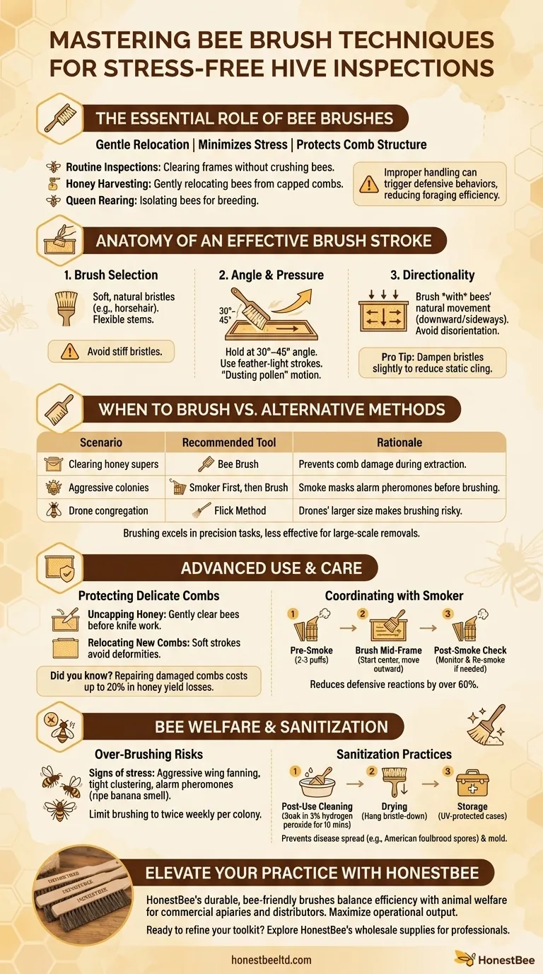 ストレスフリーな巣箱検査のためのミツバチ・ブラシ・テクニックの習得法 ビジュアルガイド