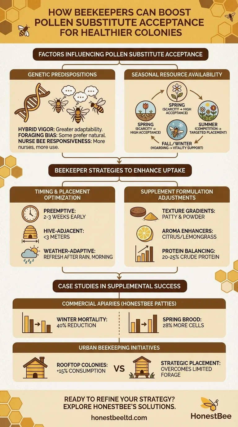 양봉가가 더 건강한 군집을 위해 꽃가루 대체품 수용성을 높이는 방법 시각적 가이드