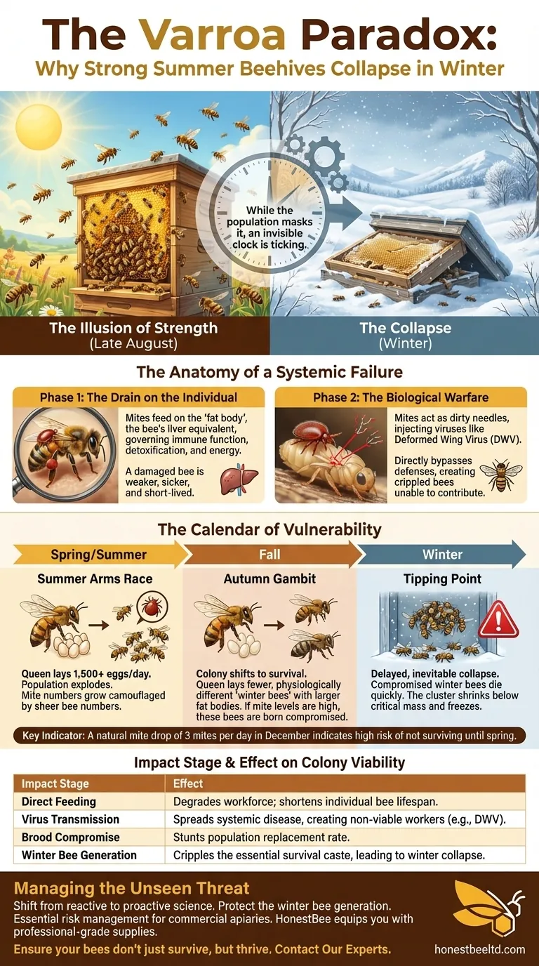 مفارقة فاروا: لماذا تنهار خلايا النحل الصيفية القوية في الشتاء دليل مرئي