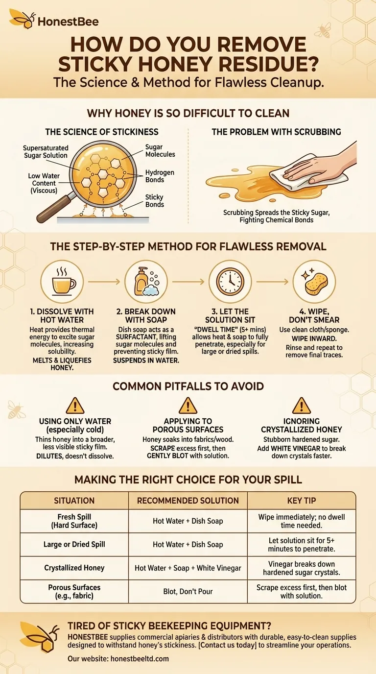 How do you remove sticky honey residue? Dissolve Honey Spills Fast with Hot Water & Soap Visual Guide