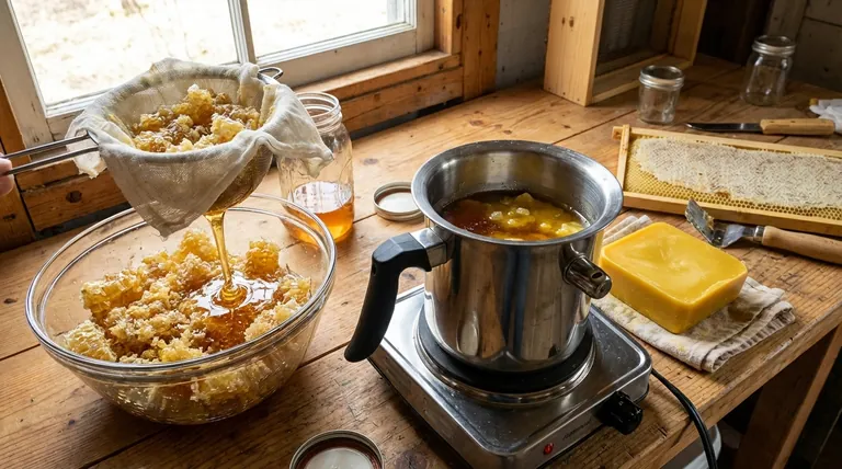 ワックスから蜂蜜を抽出する方法:圧搾と濾過 vs. 溶解と分離