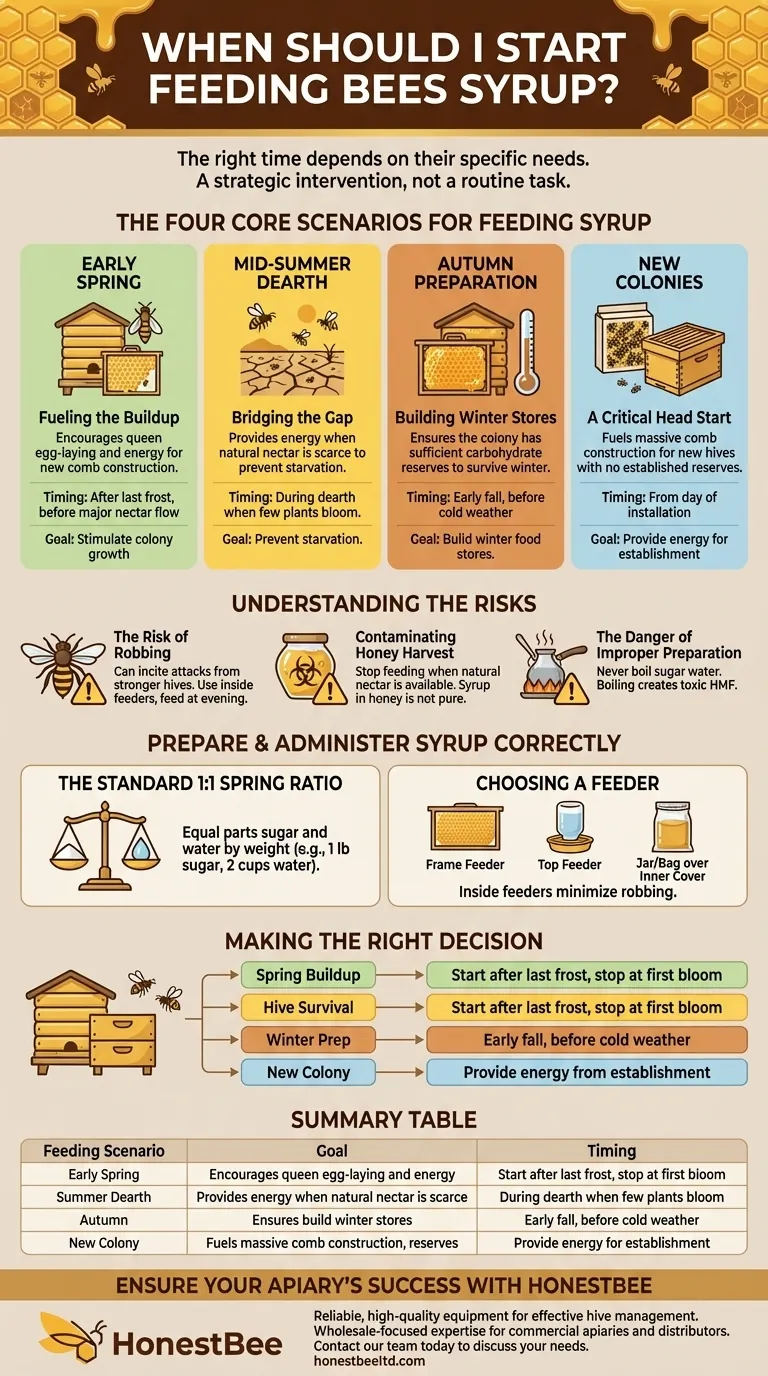 Quando devo começar a alimentar as abelhas com xarope? Os 4 momentos críticos para apoiar a sua colmeia Guia Visual