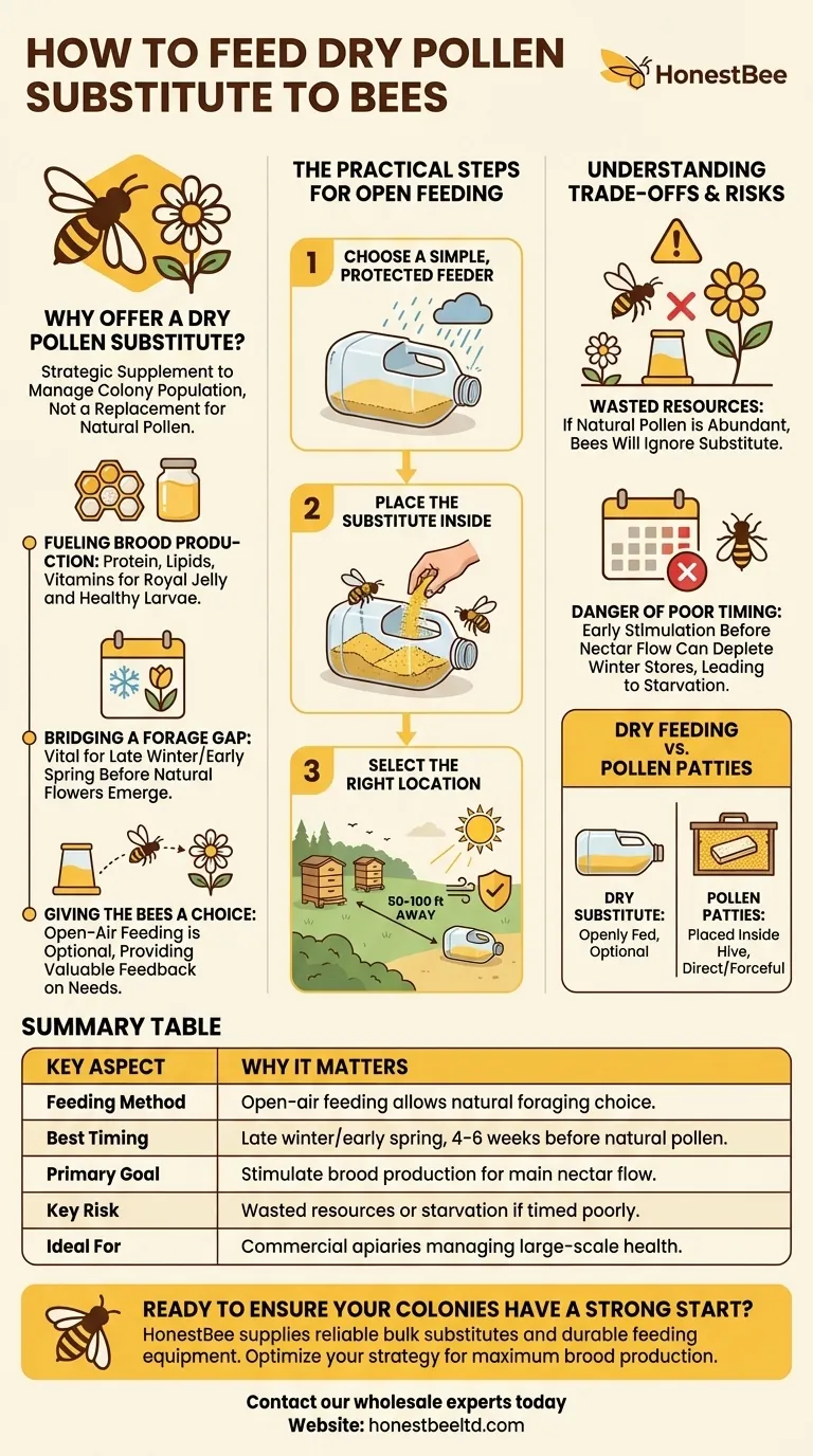 ¿Cómo alimentar a las abejas con sustituto de polen seco? Aumente la producción temprana de cría con alimentación abierta Guía Visual
