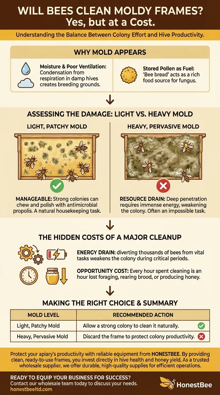 ¿Limpiarán las abejas los cuadros mohosos? Sí, pero puede costar la productividad de su colonia. Guía Visual