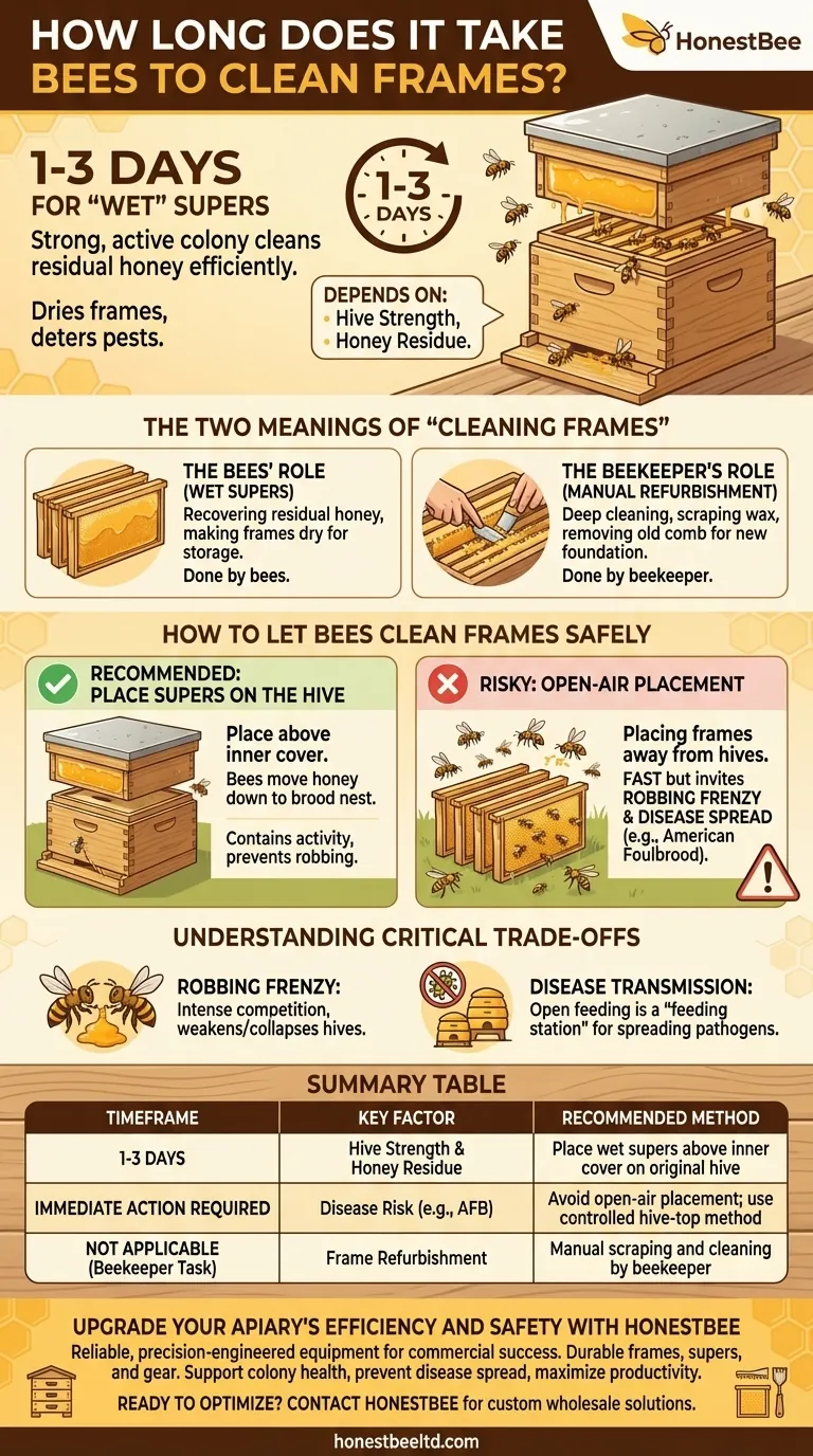 Combien de temps faut-il aux abeilles pour nettoyer les cadres ? 1 à 3 jours pour une préparation efficace des cadres de miel Guide Visuel