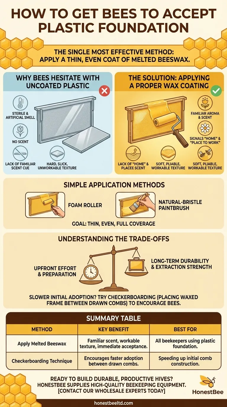 Como fazer as abelhas aceitarem a fundação de plástico? Aplique uma camada de cera para uma construção rápida de favos Guia Visual