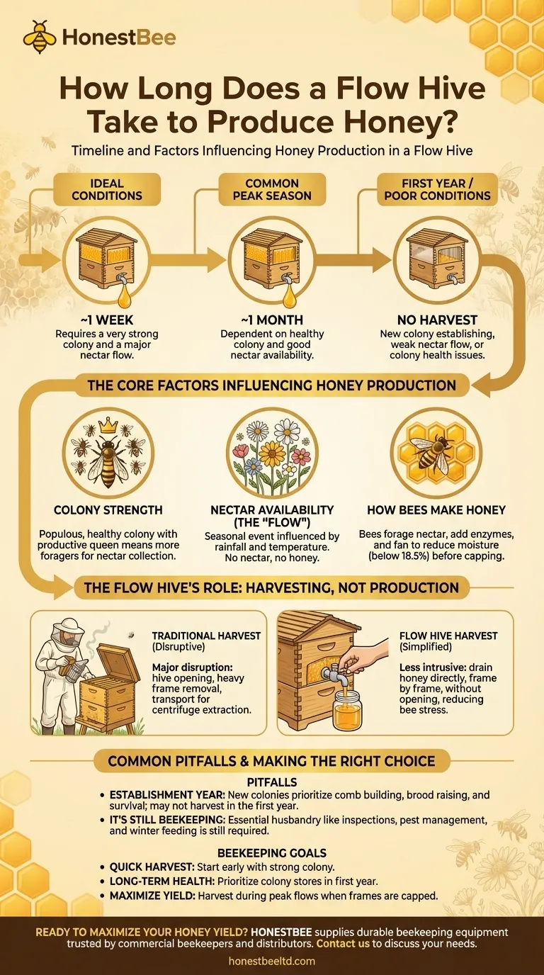 Quanto tempo impiega un Flow Hive a produrre miele? Da 1 settimana a 1 mese, a seconda delle api. Guida Visiva