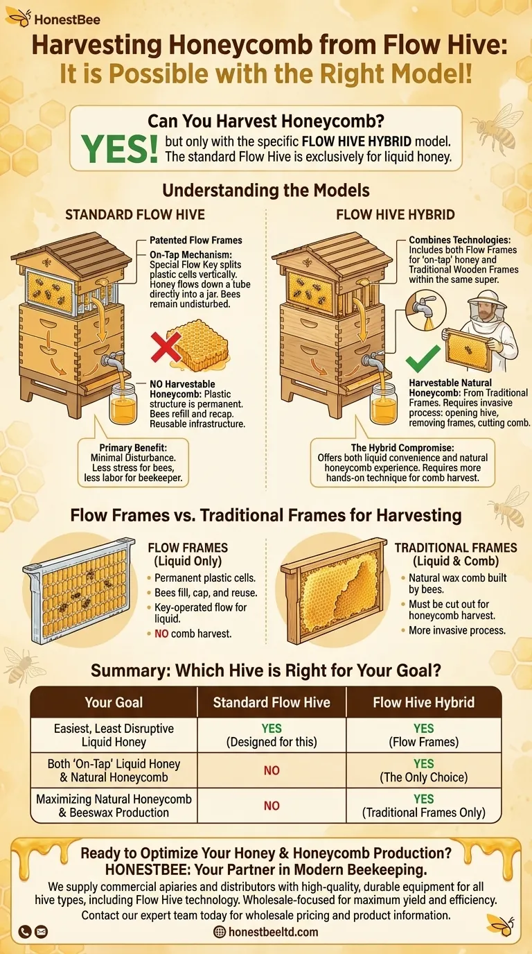 Can you harvest honeycomb from Flow Hive? Yes, with the Flow Hive Hybrid model. Visual Guide