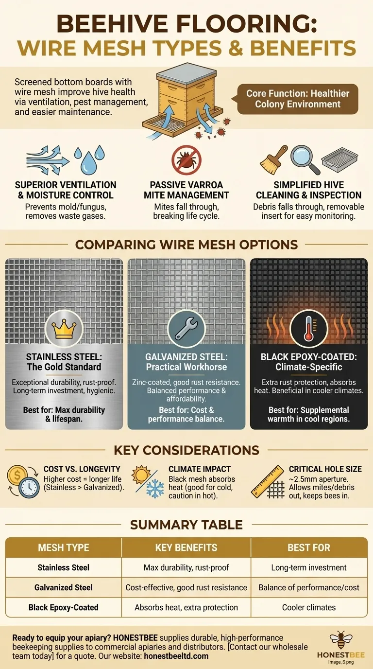 Que tipos de tela de arame estão disponíveis para o piso da colmeia e quais são seus benefícios? Aumente a Saúde da Colmeia e o Controle de Ácaros Guia Visual