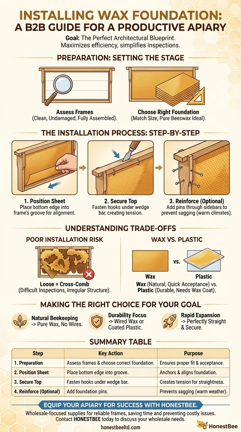 What steps are involved in installing wax foundation sheets? A Guide to Secure, Straight Comb Building Visual Guide
