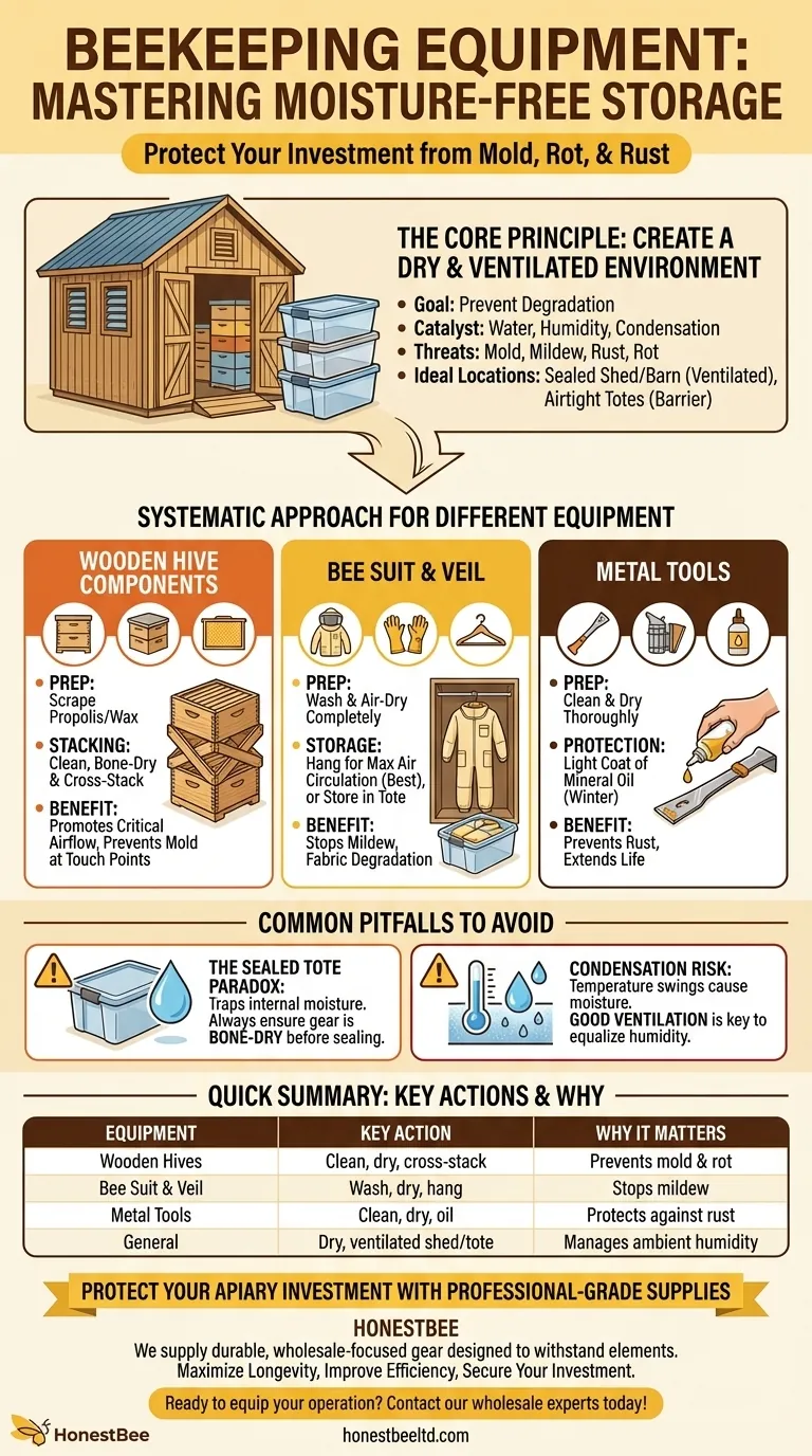 Como o equipamento de apicultura deve ser armazenado para protegê-lo da umidade? Prevenir Mofo, Podridão e Ferrugem Guia Visual