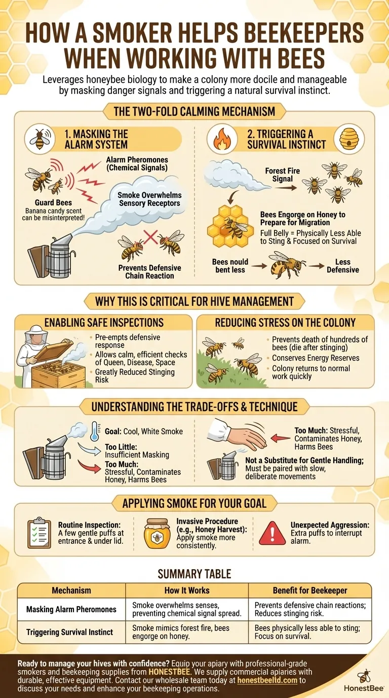 How does a smoker help beekeepers when working with bees? Calm Bees for Safer Hive Inspections Visual Guide