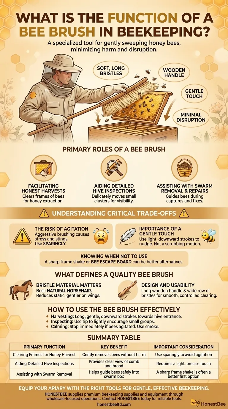 What is the function of a bee brush in beekeeping? Master Gentle Bee Handling for Hive Success Visual Guide
