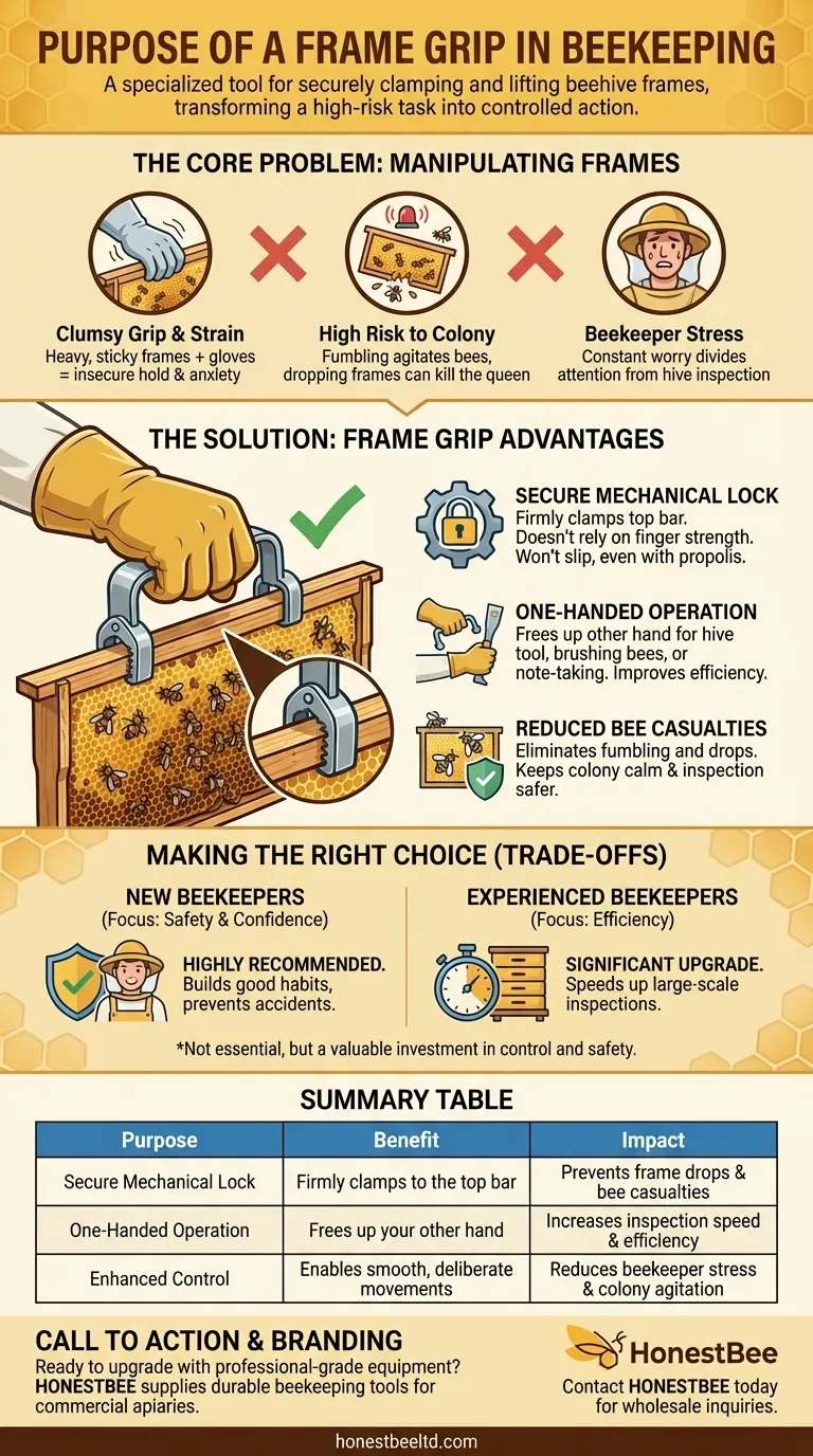 Qual é o propósito de um pegador de quadros na apicultura? Alcançar um manuseio seguro de quadros com uma só mão Guia Visual