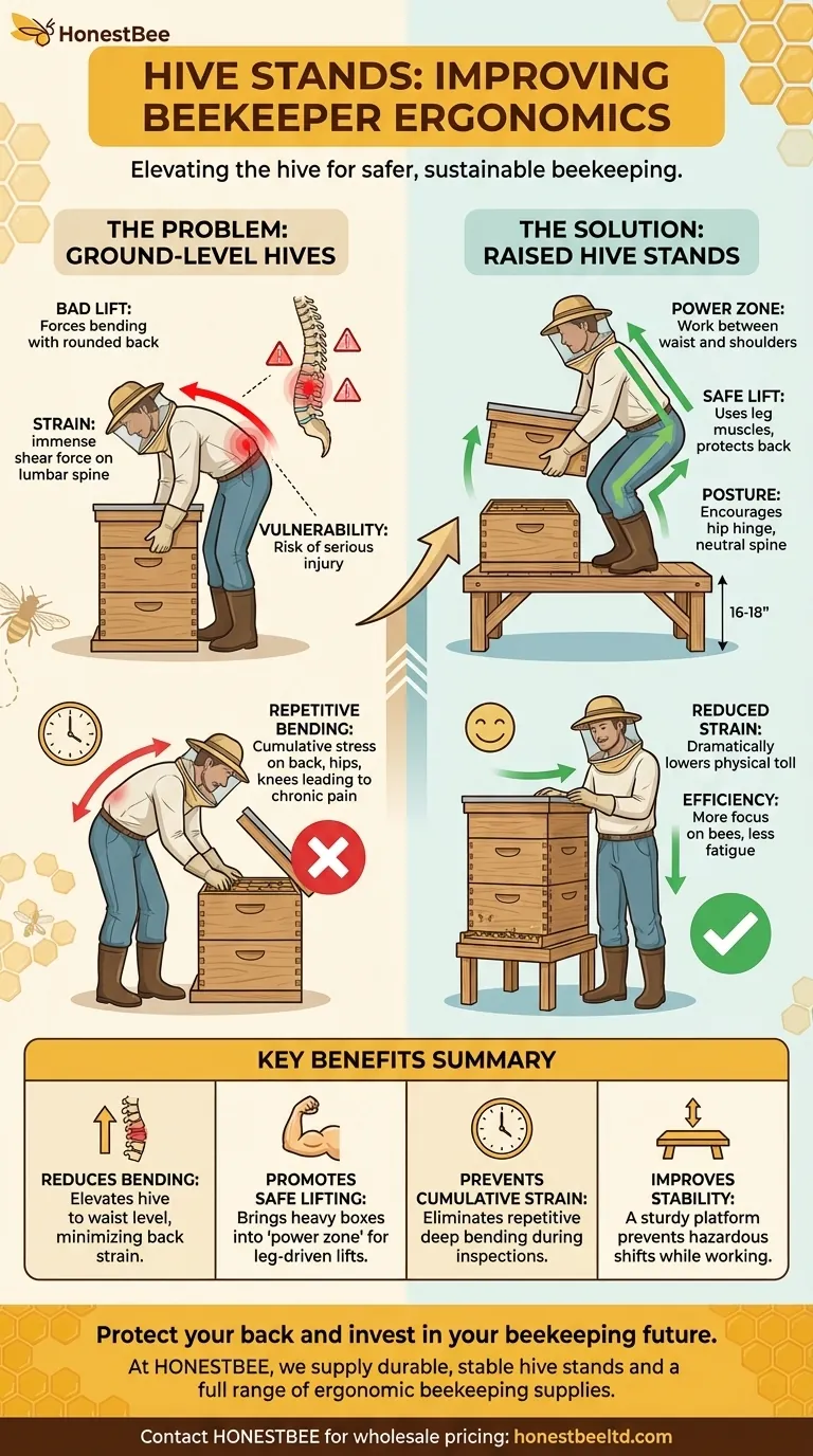 Como um suporte de colmeia melhora a ergonomia do apicultor? Reduza a tensão nas costas e prolongue sua carreira na apicultura Guia Visual