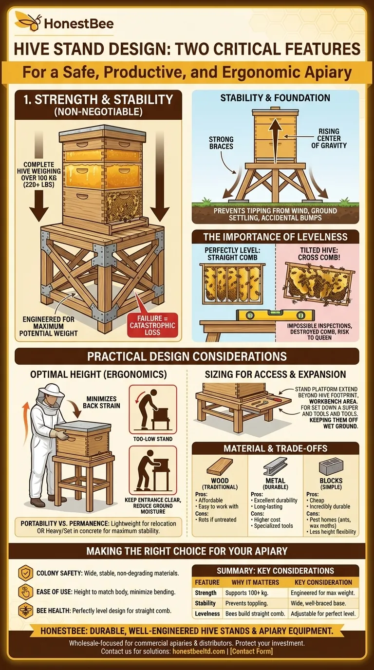 What are the two critical features to consider when designing a hive stand? Ensure Hive Safety and Productivity Visual Guide