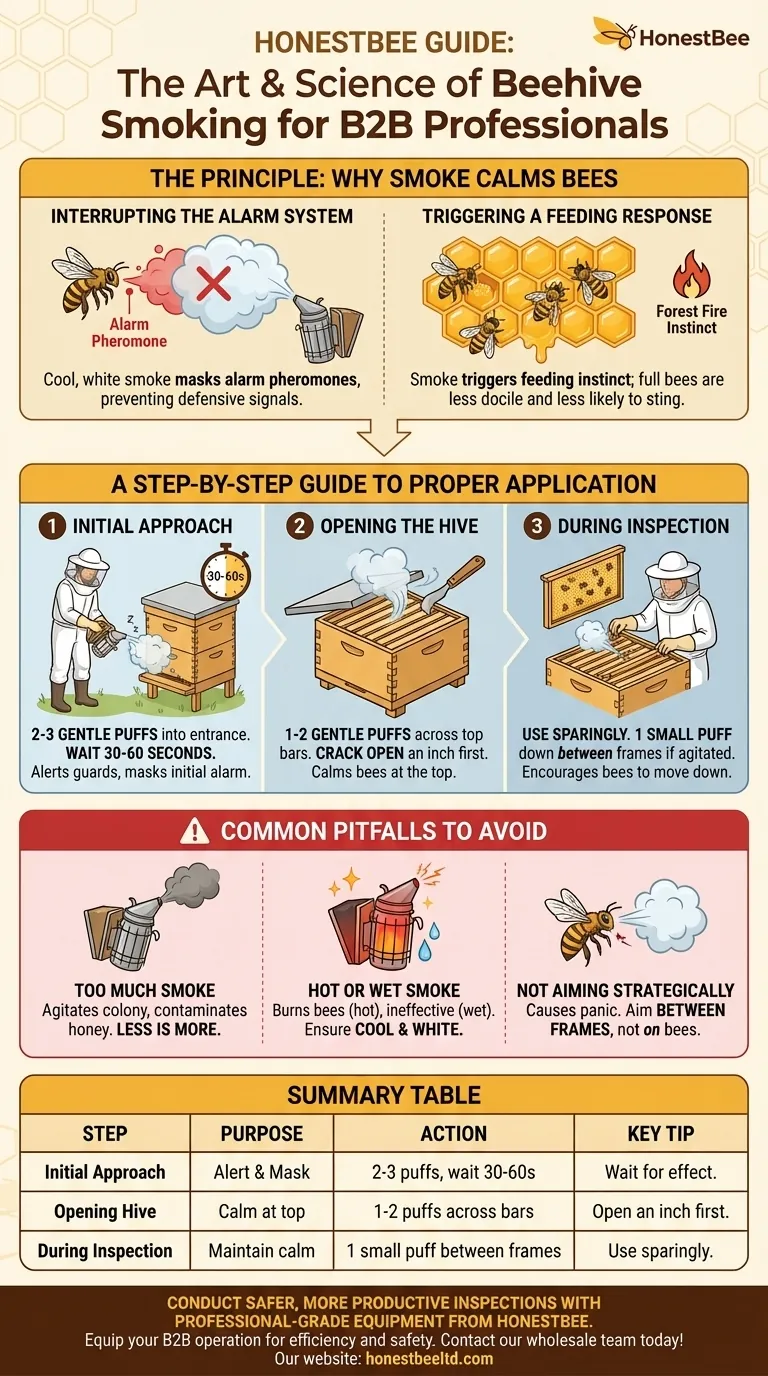 How should smoke be applied to a beehive during inspection? Master the Gentle Art of Calming Bees Visual Guide