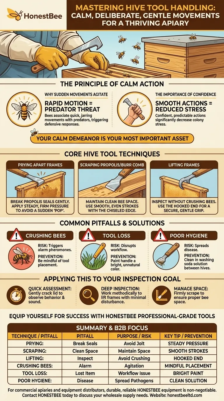 How should beekeepers handle bees when using a hive tool? Master Calm, Deliberate Techniques Visual Guide