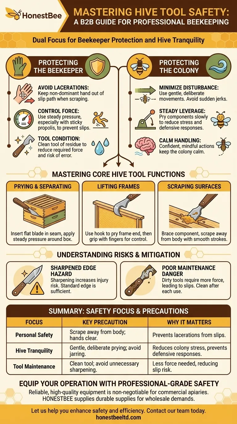 Quali precauzioni di sicurezza sono consigliate per l'apicoltura con gli attrezzi per l'arnia? Padroneggiare la manipolazione sicura per arnie calme ed efficienti Guida Visiva
