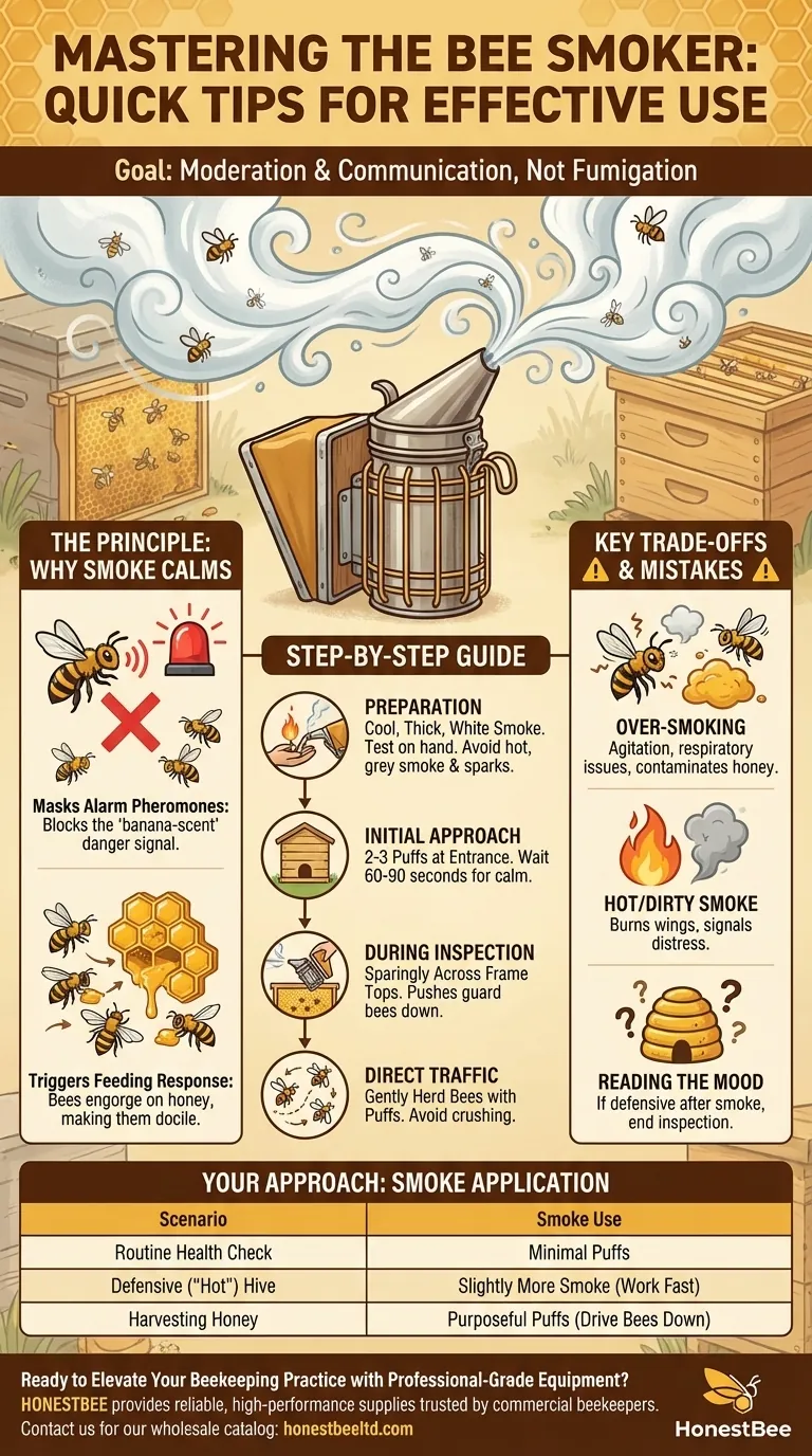 Quels sont quelques conseils rapides pour une utilisation efficace de l'enfumoir ? Maîtrisez les inspections de ruche calmes avec une technique experte Guide Visuel