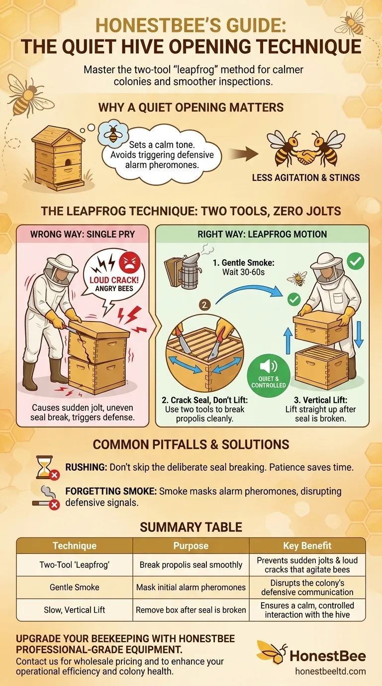 What technique is recommended for opening a hive smoothly and quietly? Master the Two-Tool &#039;Leapfrog&#039; Method Visual Guide