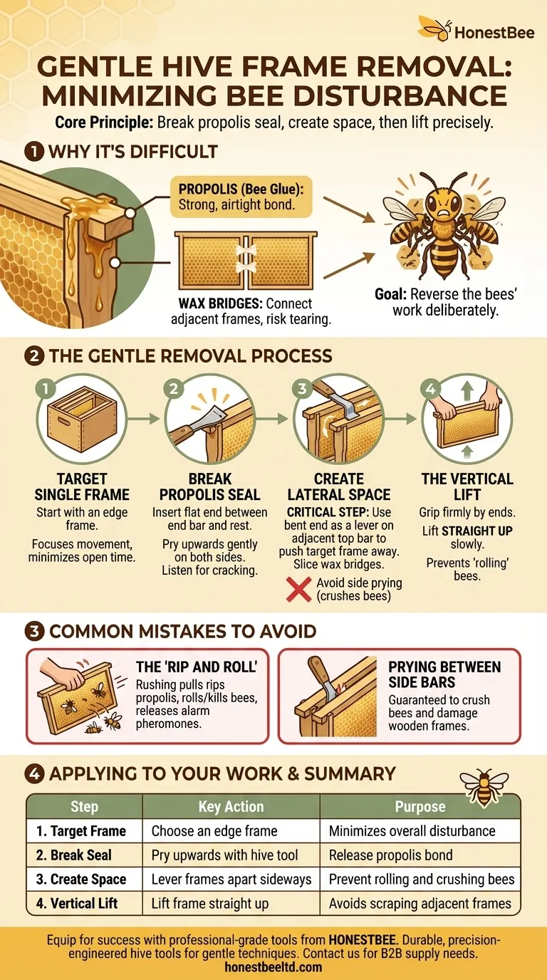 Come si devono rimuovere i telaini per ridurre al minimo il disturbo alle api? Padroneggia le Tecniche di Apicoltura Delicata Guida Visiva