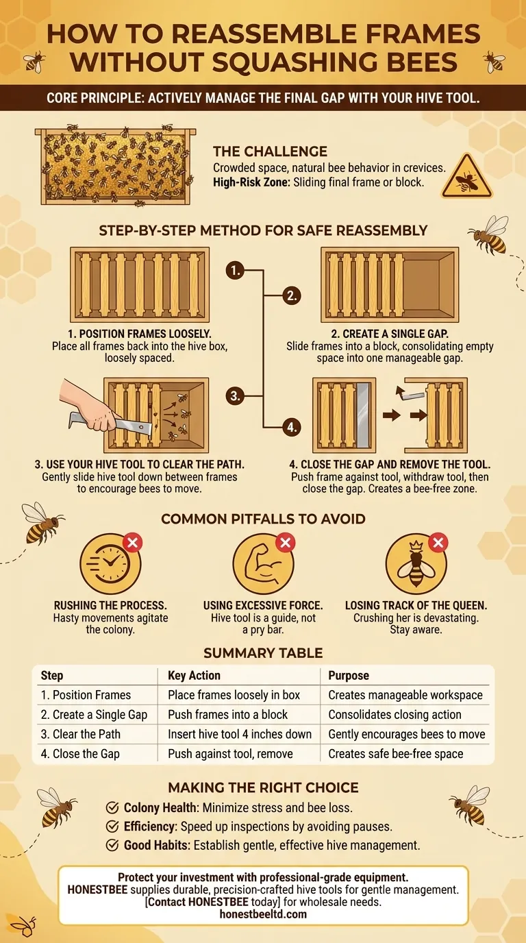 벌을 찌그러뜨리지 않으려면 벌통 안에서 프레임을 어떻게 재조립해야 할까요? 부드럽고 벌에게 안전한 기술을 익히세요 시각적 가이드