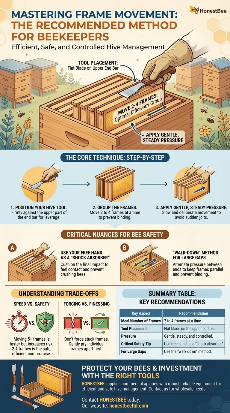What is the recommended method for pushing multiple frames back into place? Master the 2-4 Frame Technique for Bee Safety Visual Guide
