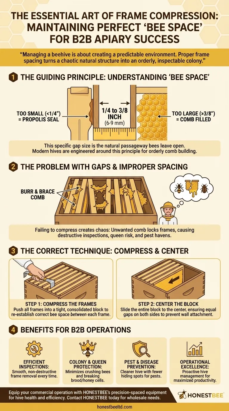 Perché è importante comprimere i telaini insieme al centro della cassetta dopo il riassemblaggio? Prevenire la formazione di favo di giunzione e il caos nell'arnia Guida Visiva