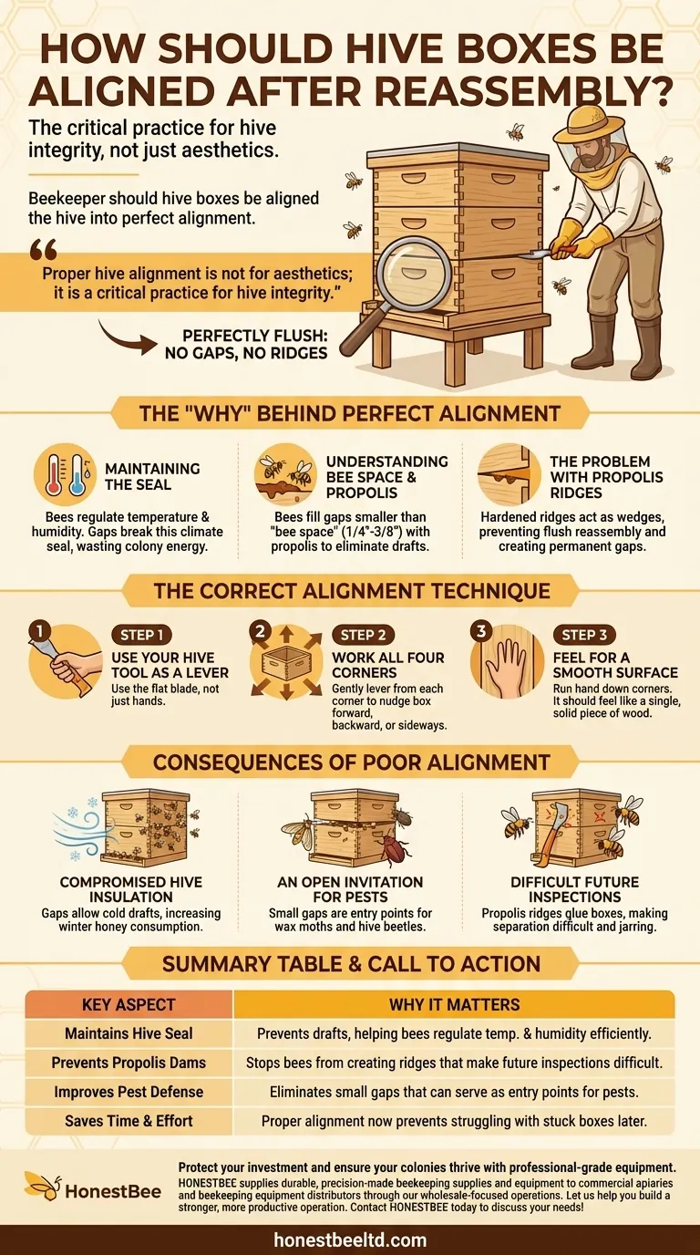 Como as caixas da colmeia devem ser alinhadas após a remontagem? Garanta uma Vedação Perfeita para a Saúde da Colmeia Guia Visual