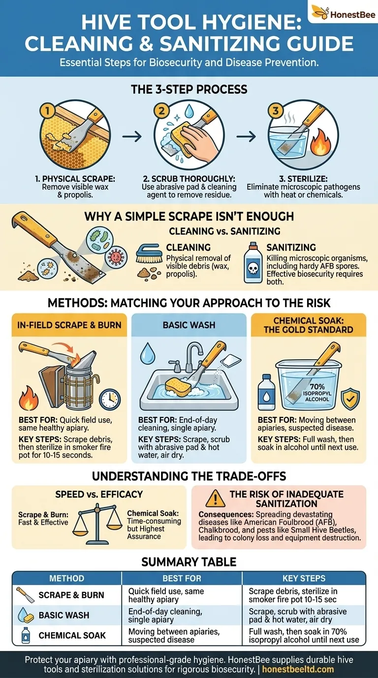 What steps are involved in cleaning and sanitizing a hive tool? A Guide to Effective Apiary Biosecurity Visual Guide