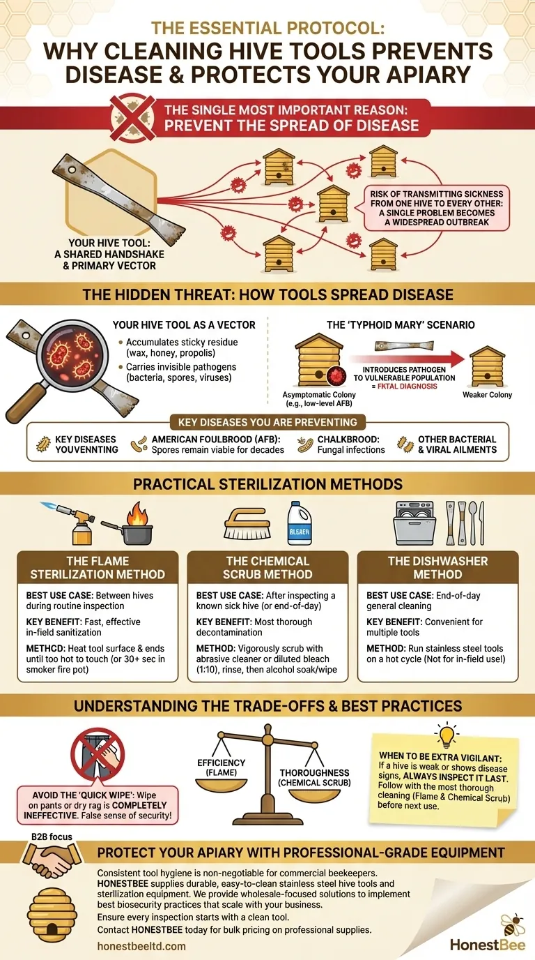 ¿Por qué es importante limpiar las herramientas de la colmena entre usos en diferentes colmenas? Prevenir la propagación de enfermedades en su apiario Guía Visual