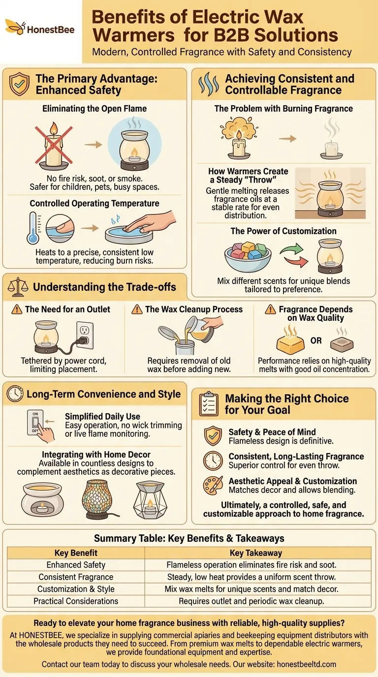 What are the main benefits of using an electric wax warmer? Enjoy a Safer, More Consistent Home Fragrance Visual Guide