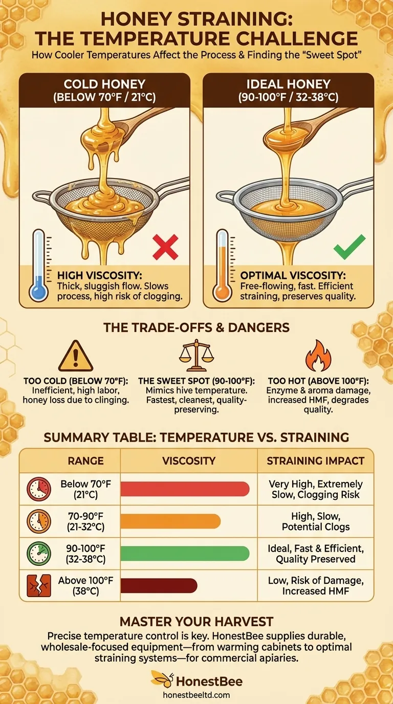 How does cooler temperature affect the honey straining process? Slow Flow, Clogs, and Quality Risks Visual Guide