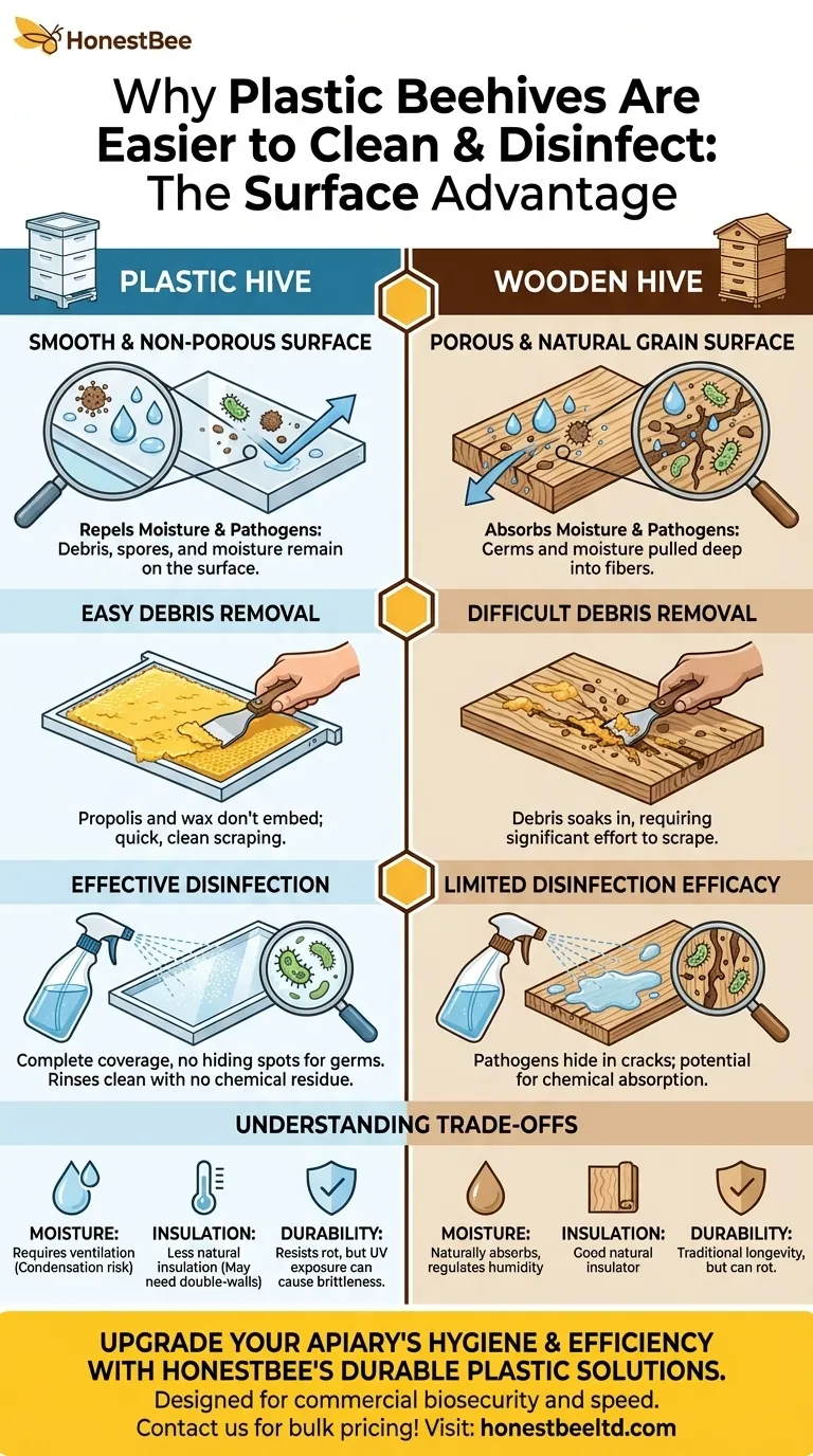 Why are plastic beehives easier to clean and disinfect? Non-Porous Surfaces for Superior Biosecurity Visual Guide