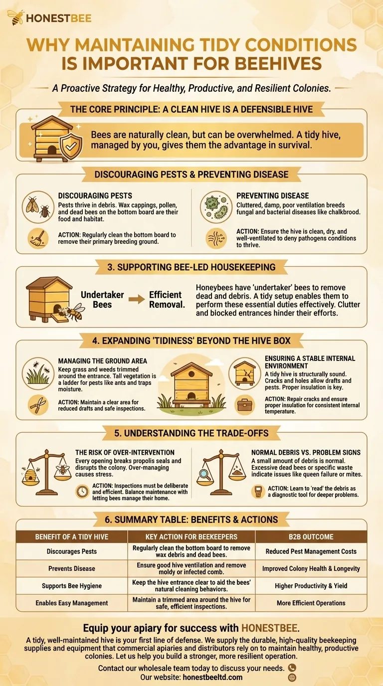Why is maintaining tidy conditions important for beehives? A Proactive Strategy for Colony Health Visual Guide