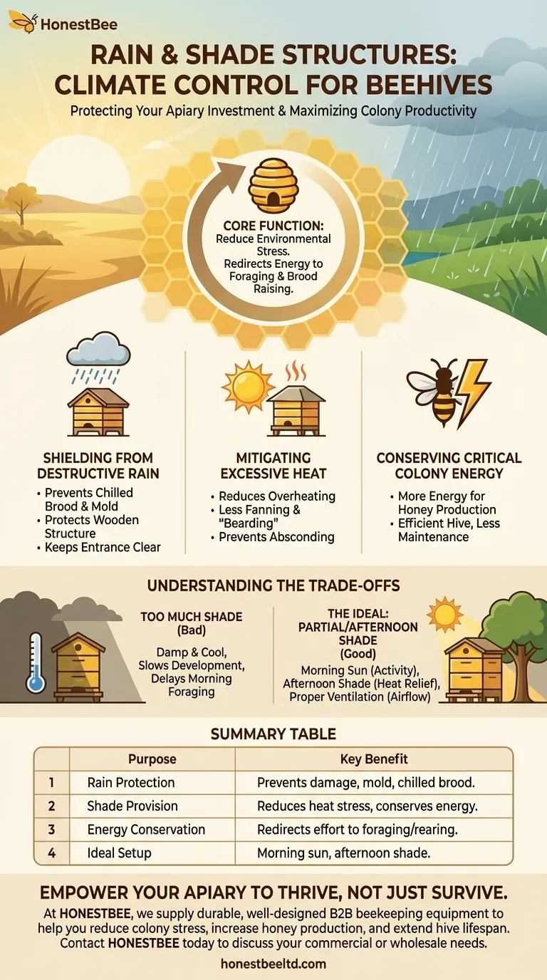 What is the purpose of rain and shade structures for beehives? Boost Colony Health & Honey Production Visual Guide