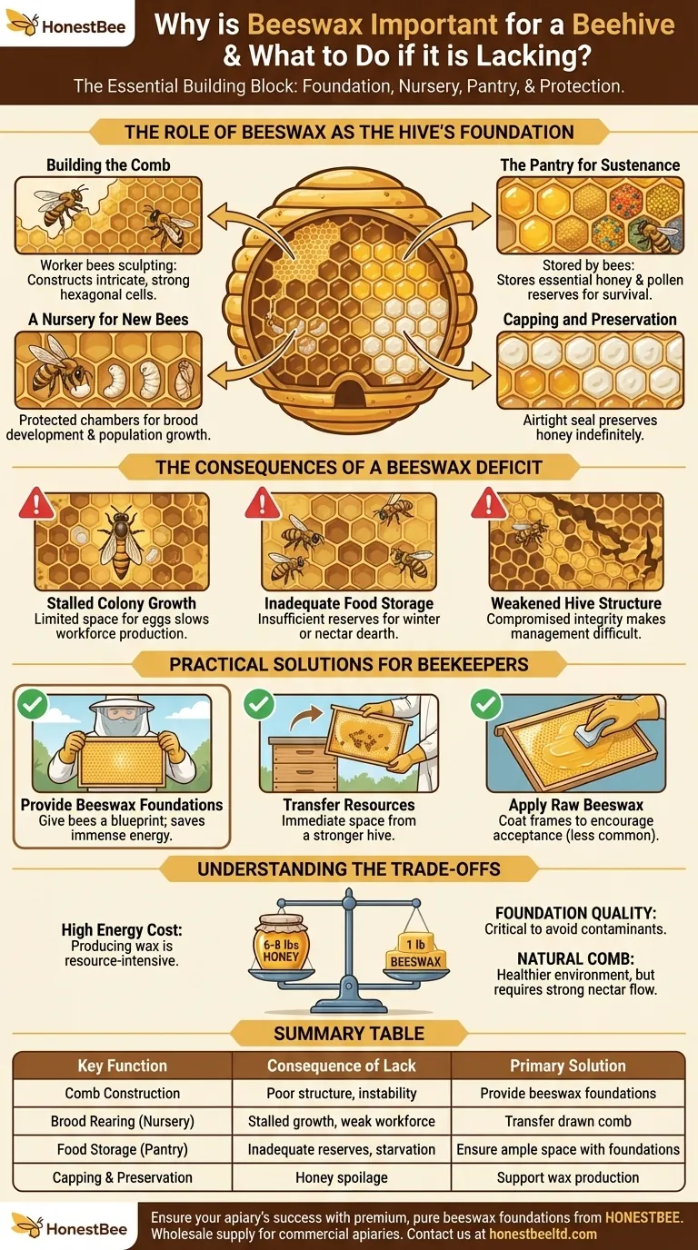 Why is beeswax important for a beehive, and what should be done if it is lacking? Ensure Hive Health & Productivity Visual Guide