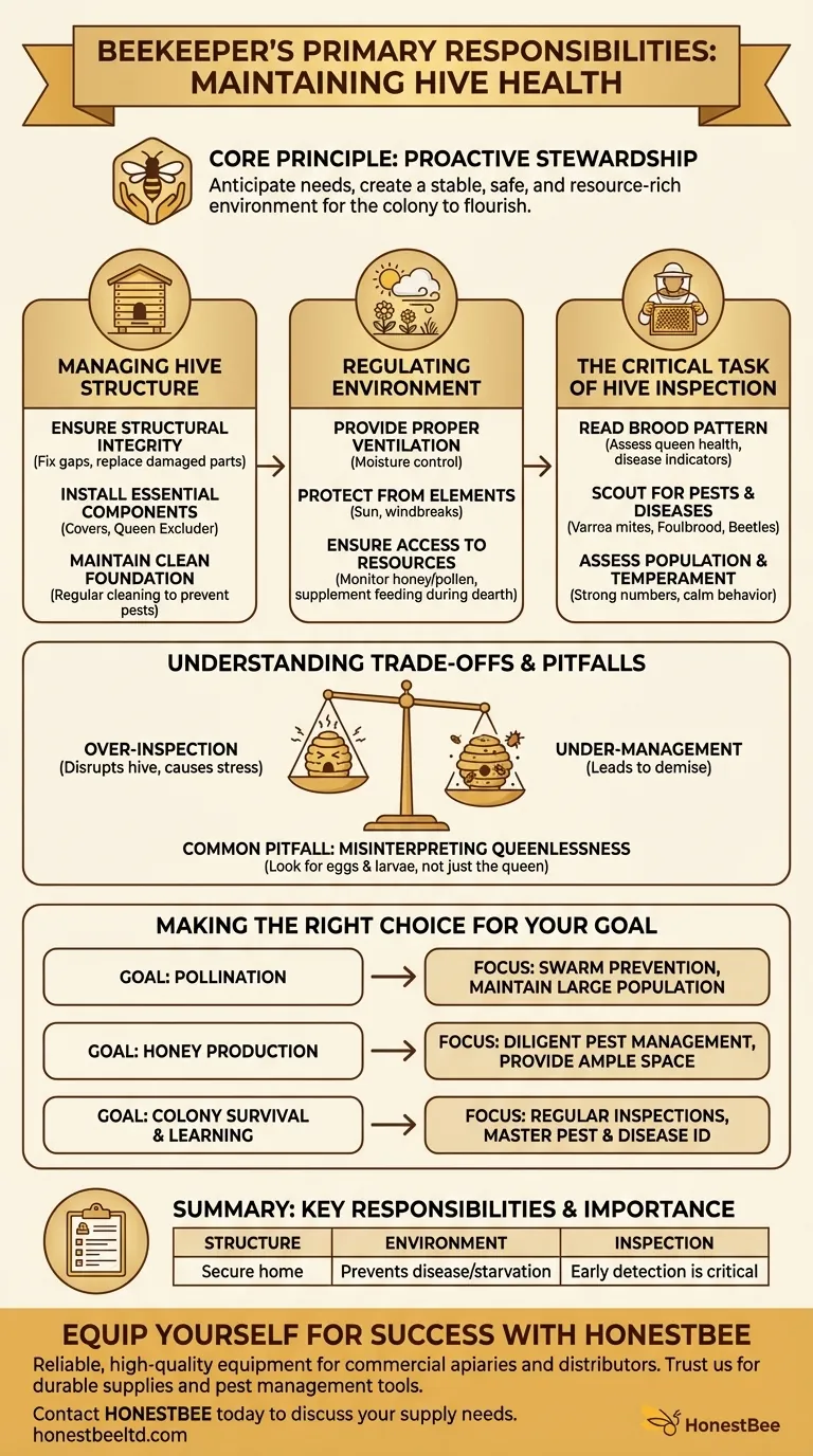 What are the primary responsibilities of a beekeeper in maintaining hive health? A Guide to Proactive Stewardship Visual Guide