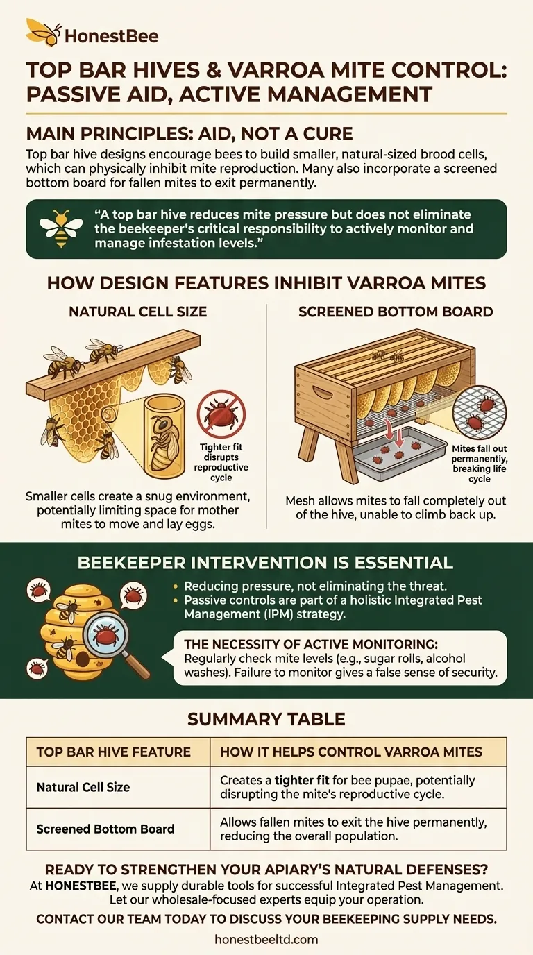 How does the top bar hive help control varroa mites? A Natural Approach to Mite Management Visual Guide