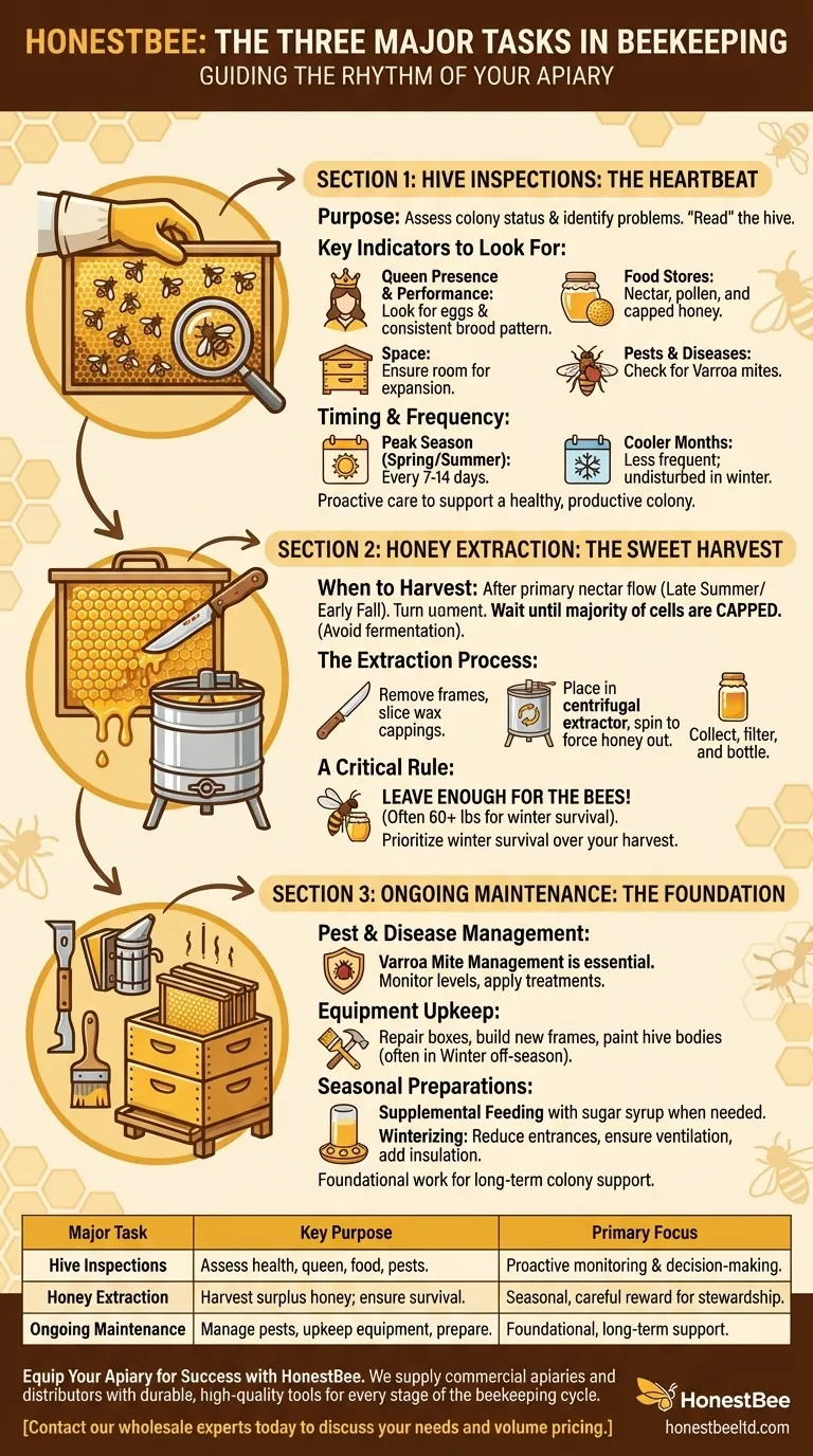 What are the three major tasks in beekeeping? Master the Core Cycle for a Healthy Hive Visual Guide