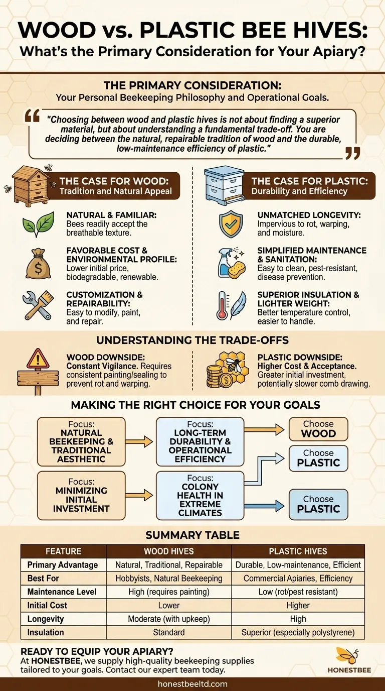 What should be the primary consideration when choosing between wood and plastic bee hives? Align Your Hive Choice with Your Beekeeping Philosophy Visual Guide