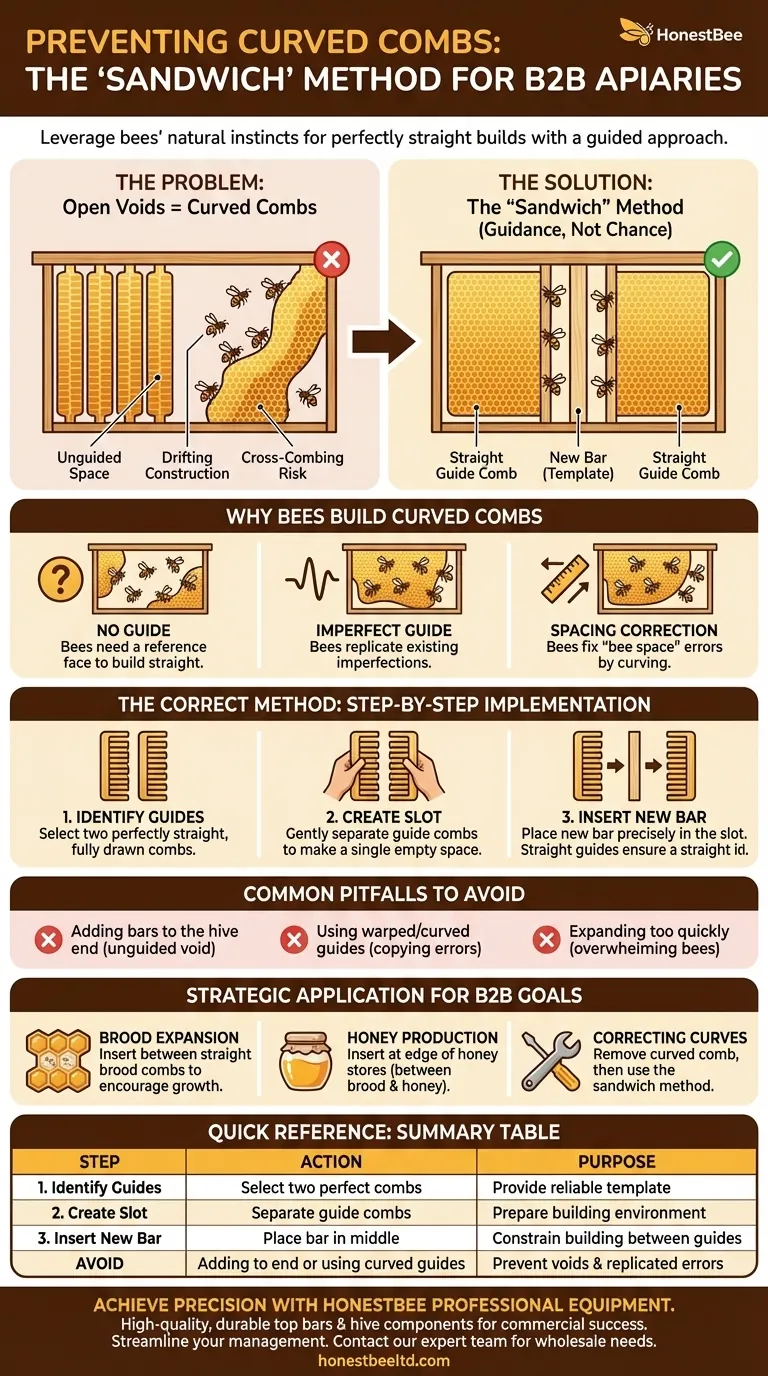What is the recommended method for inserting new bars to prevent curved combs? Master the 'Sandwich' Technique Visual Guide